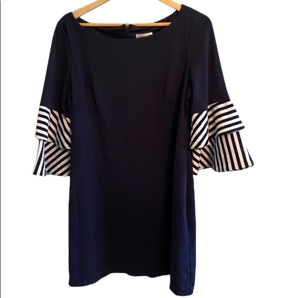 Eliza J Navy Dress with 3/4 Navy/White Stripe Bell Sleeves, Great condition - Picture 5 of 8